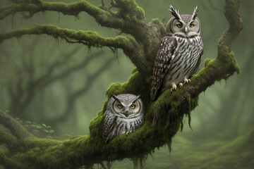 Owl sitting on the branches UHD wallpaper Stock Photographic Image - obrazy, fototapety, plakaty