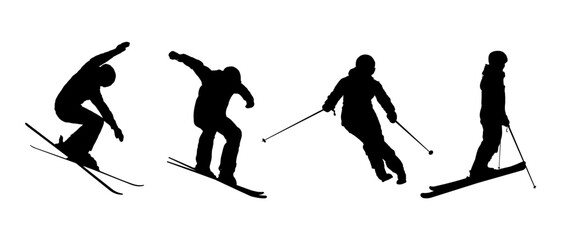 Set of silhouette of skier, skiing - vector illustration
