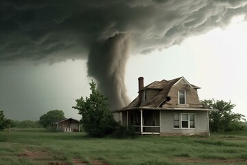 Naklejka na ściany i meble A tornado engulfing a vacant house. Generative AI