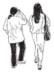 Contour drawing of two students girls walking outdoors 