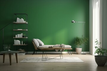 Minimalist interior with green wall, sparse furniture. Generative AI
