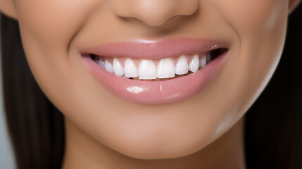 Perfect smile close-up, young woman with the tan skin, studio shot. Dentistry or dental care concept.