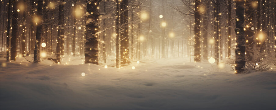 Amidst a snowy forest, various-sized glowing lights dangle from the trees, crafting a cozy and inviting ambiance.