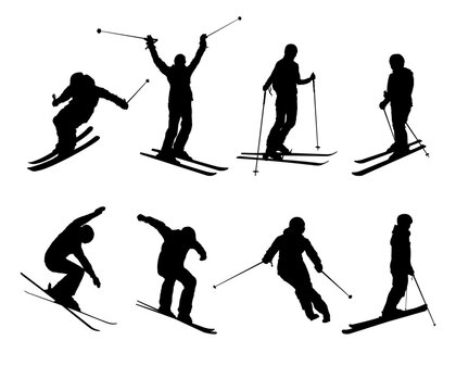 Set of silhouette of skier, skiing - vector illustration