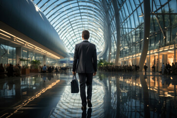 public transport , man with luggage in air terminal. bleisure, work life balance, travel concept.