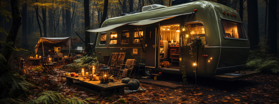 camping in autumn forest. nature, getting away, real moments and local travel concept. travel trailer with lights among the trees. banner © Анна Мартьянова