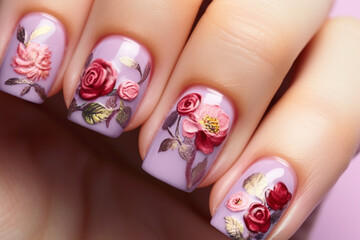Naklejka premium Woman's fingernails with floral violet nail art design