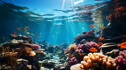 Coral reef with colorful fishes undersea view.