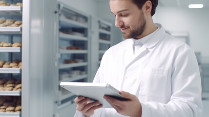 A food male inspector in a sterile white uniform is holding the tablet and looking at collected cookies.

