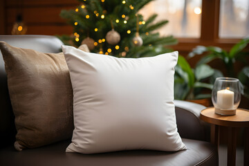 Blank white pillow mockup on black leather sofa with christmas tree and lights bokeh background. Holiday template composition with decoration. Copy space.