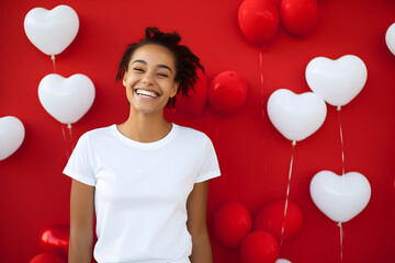 Young woman wearing bella canvas white shirt mockup, red background with hearts balloons. Valentines day design tshirt template, print presentation mock-up. - obrazy, fototapety, plakaty