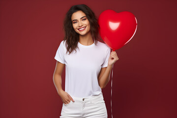 Young brunette woman with heart balloon in the hand, wearing bella canvas white shirt mockup, red background. Valentines day or birthday design tshirt template, print presentation mock-up. - obrazy, fototapety, plakaty