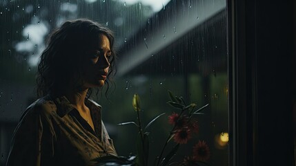 Fototapeta premium a woman standing in front of a window holding a bouquet of flowers. generative ai