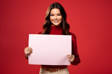 Young brunette woman holding a blank placard or empty paper sign banner in her hands, on red background. Design poster template, print presentation mock-up.