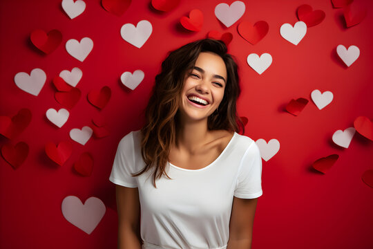 Young woman wearing bella canvas white shirt mockup, at red hearts background. Valentines day design tshirt template, print presentation mock-up.