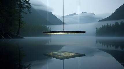  a suspended light hanging over a lake surrounded by mountains and trees.  generative ai