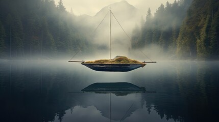  a boat floating on top of a lake surrounded by forest.  generative ai