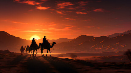 Fototapeta na wymiar Landscape of desert dunes camel caravan silhouette.