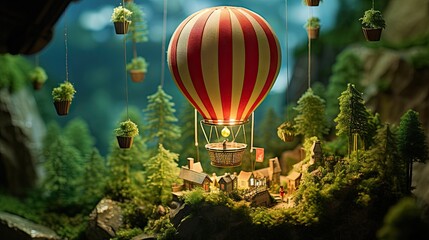 Obraz premium a hot air balloon flying over a forest filled with trees. generative ai