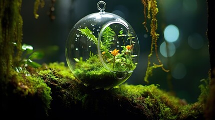  a glass ball with plants inside of it on a moss covered surface.  generative ai