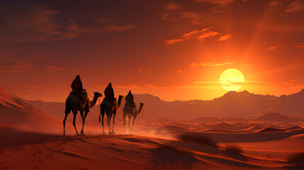 Landscape of Desert Dunes camel caravan silhouette.