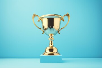 A gold trophy cup on a pastel blue background. Generative AI - obrazy, fototapety, plakaty