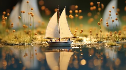  a toy sailboat floating on top of a lake surrounded by grass.  generative ai - obrazy, fototapety, plakaty