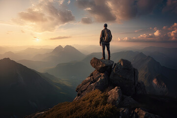 Climber on submit, beautiful landscape, mountain top, gorgeous background, reaching the summit, success, 
