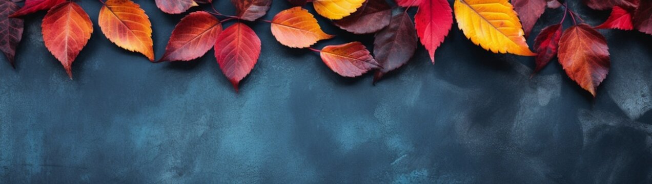 An HD photograph capturing the rich colors of autumn with red leaves gracefully arranged on a textured blue slate background, creating a harmonious and inviting setting