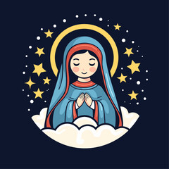 vector illustration of Our Lady Virgin Mary Mother of Jesus, Madonna in stars,  christmas mood, printable, suitable for logo, sign, tattoo, sticker and other print on demand