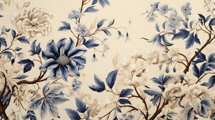  a blue and white flowered wallpaper with blue and white flowers.  generative ai