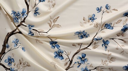  a white and blue flowered fabric with a tree branch on it.  generative ai