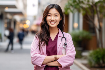 Doctor with pink gown and wide smile on a street. Ai generated.