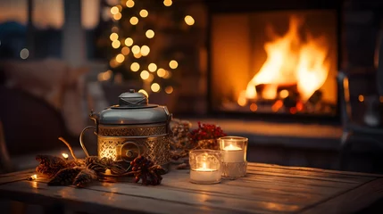 Fototapeten christmas candles in the fireplace, , Generative AI © thekone990