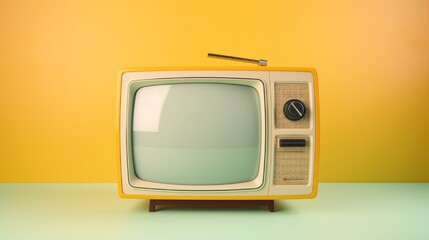 An overhead shot of an old retro TV set, its screen emitting a warm pastel hue, placed against a vintage pastel yellow wall, providing a retro-inspired setting with space for your creative messages