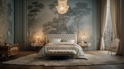 A bedroom with a soft and serene wallpaper featuring a nature-inspired motif, like gentle waves or...