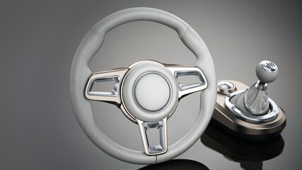 Generic steering wheel and gearbox. 3D illustration