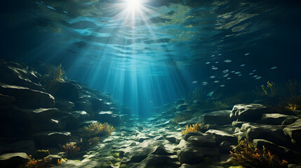 Undersea view, sun rays in background.