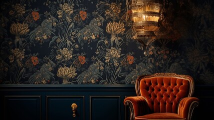 A close-up shot of a luxurious wallpaper in a rich, deep color with intricate patterns, adding an elegant touch to a room