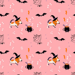 Halloween seamless pattern. Cute background with puppy in a witch costume. Magical dog pawty. Flat style vector illustration.
