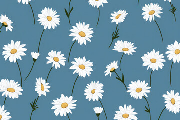 texture with cute daisies on a blue background. blooming white flowers in summer or spring. nature and plants