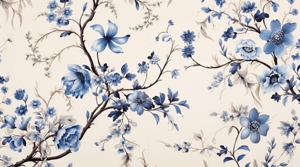  a blue and white wallpaper with flowers and leaves on it.  generative ai