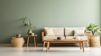 Round coffee table near white sofa against wall. Scandinavian home interior design of modern living room. Generative AI