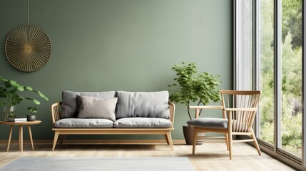 White sofa against the wall. Scandinavian modern living room interior design. Generative AI