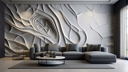 A stunning 3D wallpaper adorning a living room wall, featuring a mesmerizing abstract pattern that adds depth and style to the space