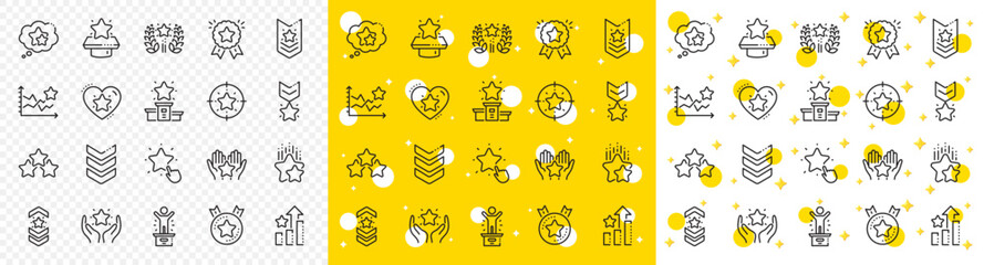 First place, star rating and winner medal. Ranking line icons. Shoulder strap, army achievement and victory ribbon icons. Star ranking, champion and winner trophy. Best level. Vector