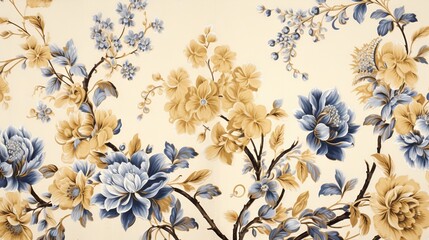  a floral wallpaper with blue, yellow and white flowers.  generative ai