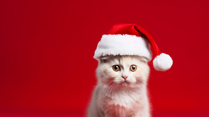Cat in Santas hat isolated on red background Christmas background. Generative AI
