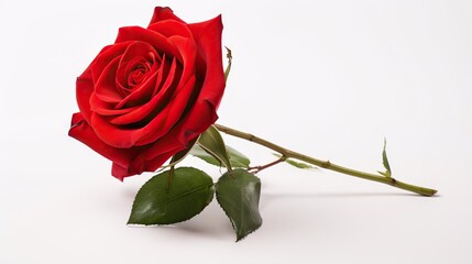  a single red rose with green leaves on a white background.  generative ai