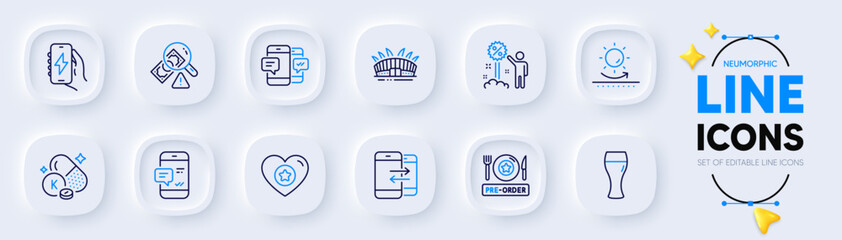 Heart, Discount and Phone communication line icons for web app. Pack of Smartphone notification, Smartphone sms, Beer glass pictogram icons. Pre-order food, Charging app, Vitamin k signs. Vector